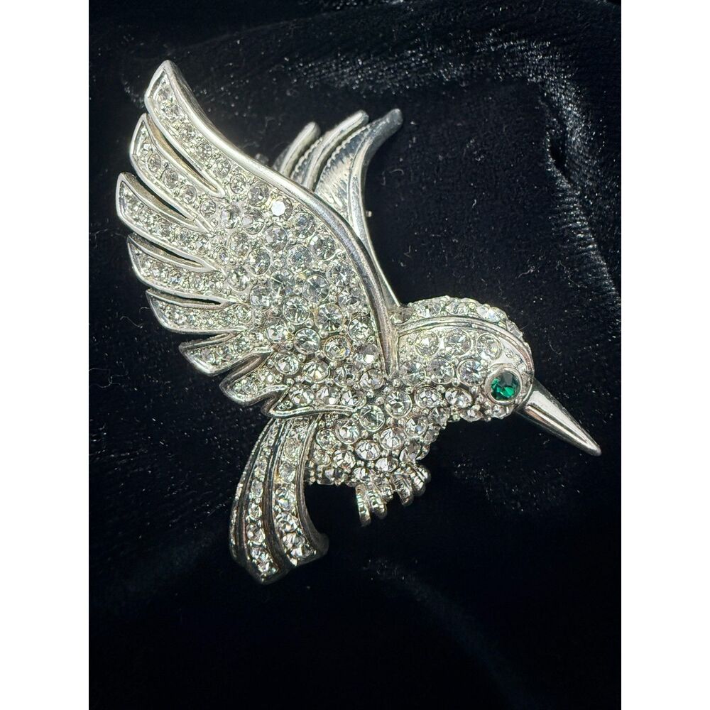Vintage Silver Tone Rhinestone Hummingbird Brooch Pin Green Crystal Eye